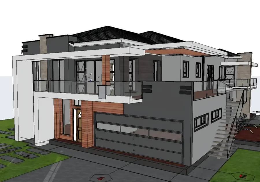 A three-dimensional architectural render of a modern two-storey house with a double garage