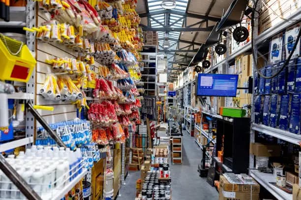 A hardware aisle stocked with tools, fittings and building consumables