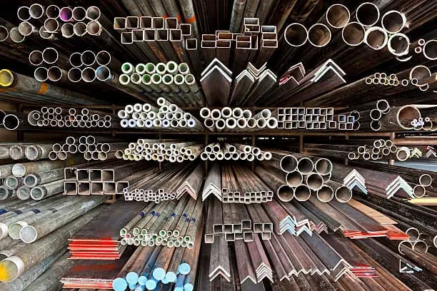 Racks of steel tube, angle and flat bar stacked ready for fabrication