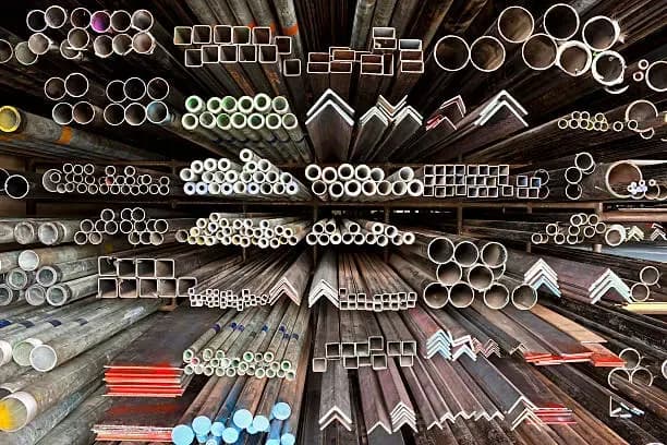 Racks of steel tube, angle and flat bar stacked ready for fabrication